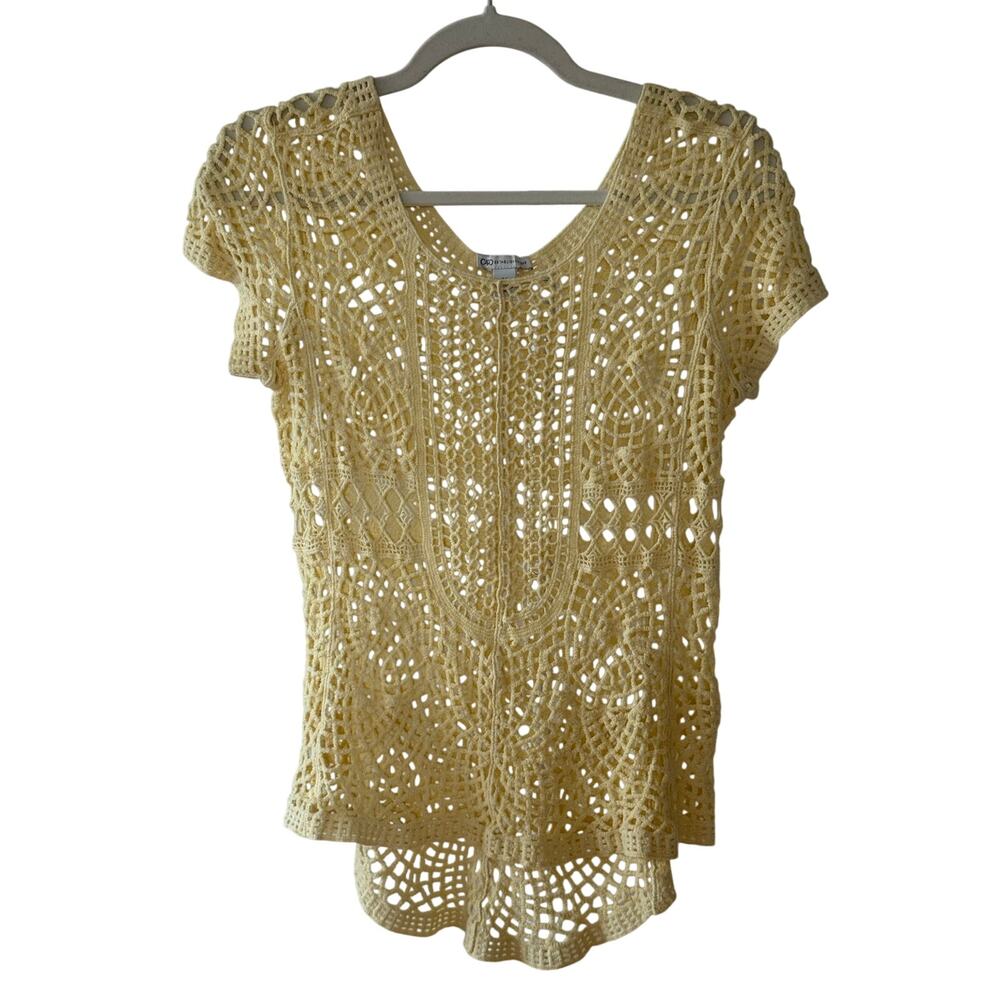 Butter Yellow Crochet Top Cato Cap Sleeve 100% Cotton Summer Boho VTG Inspired M